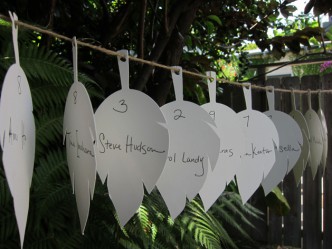 wedding reception leaf seating tags