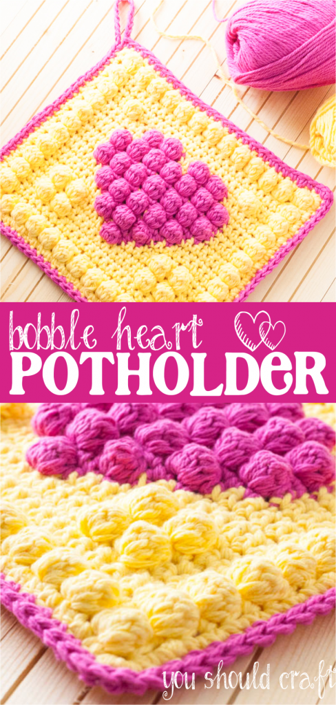Crochet Bobble Heart Potholder Free Pattern